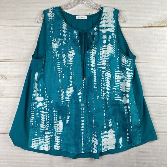 Calvin Klein Top Womens 1X Turquoise Linen Front Poly Back Sleeveless Tie Dye - Picture 1 of 10